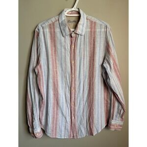 Tasso Elba Linen Blend Striped Button Down Shirt M Mens Coastal Nautical Resort